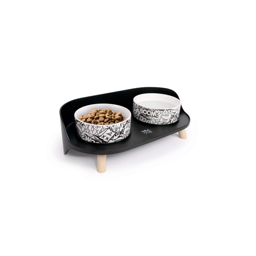 ALTITUDE URBAN STYLE Double Raised Pet Bowl Black&White
