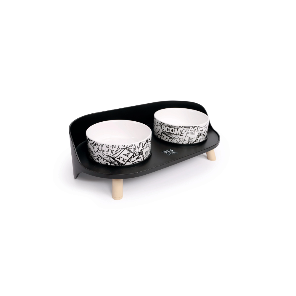 ALTITUDE URBAN STYLE Double Raised Pet Bowl Black&White