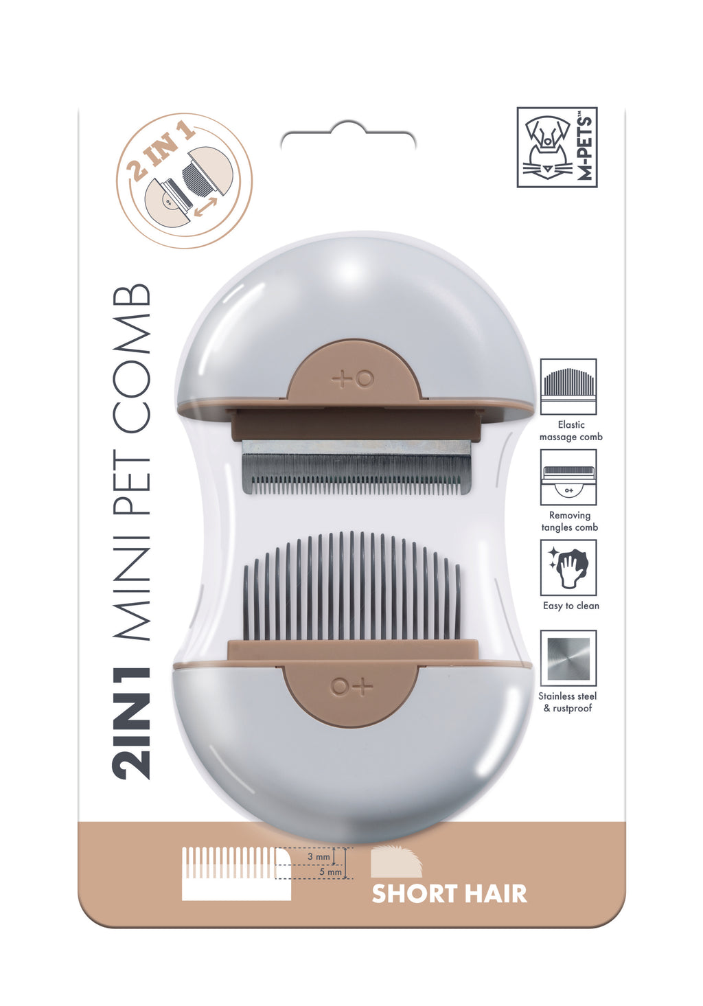 2 in 1 Mini Pet Comb for short hair - Brown