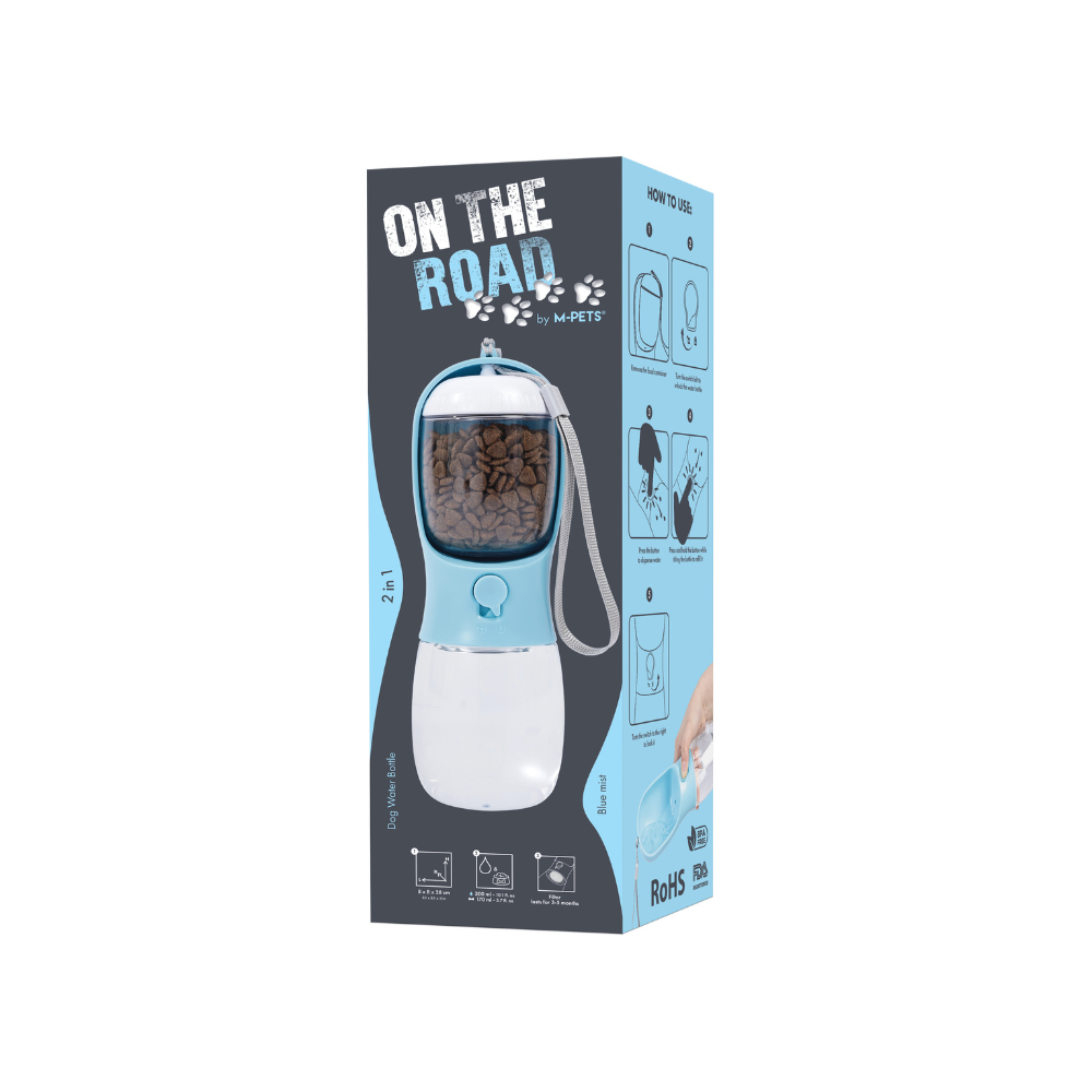 ON THE ROAD -  Dog water bottle 300 ml 2 in 1 - Blue mist