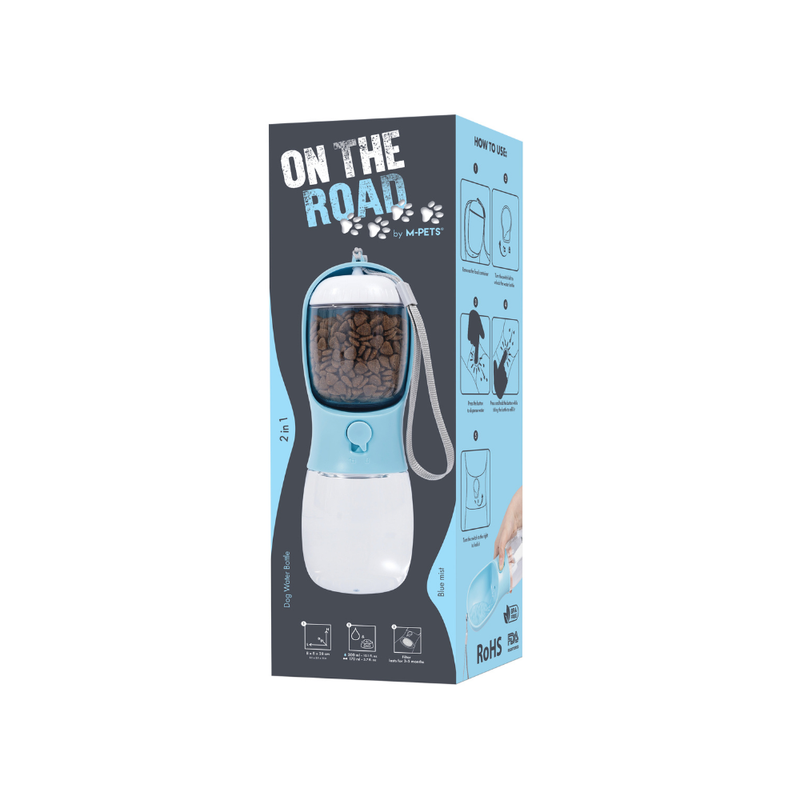 ON THE ROAD -  Dog water bottle 300 ml 2 in 1 - Blue mist