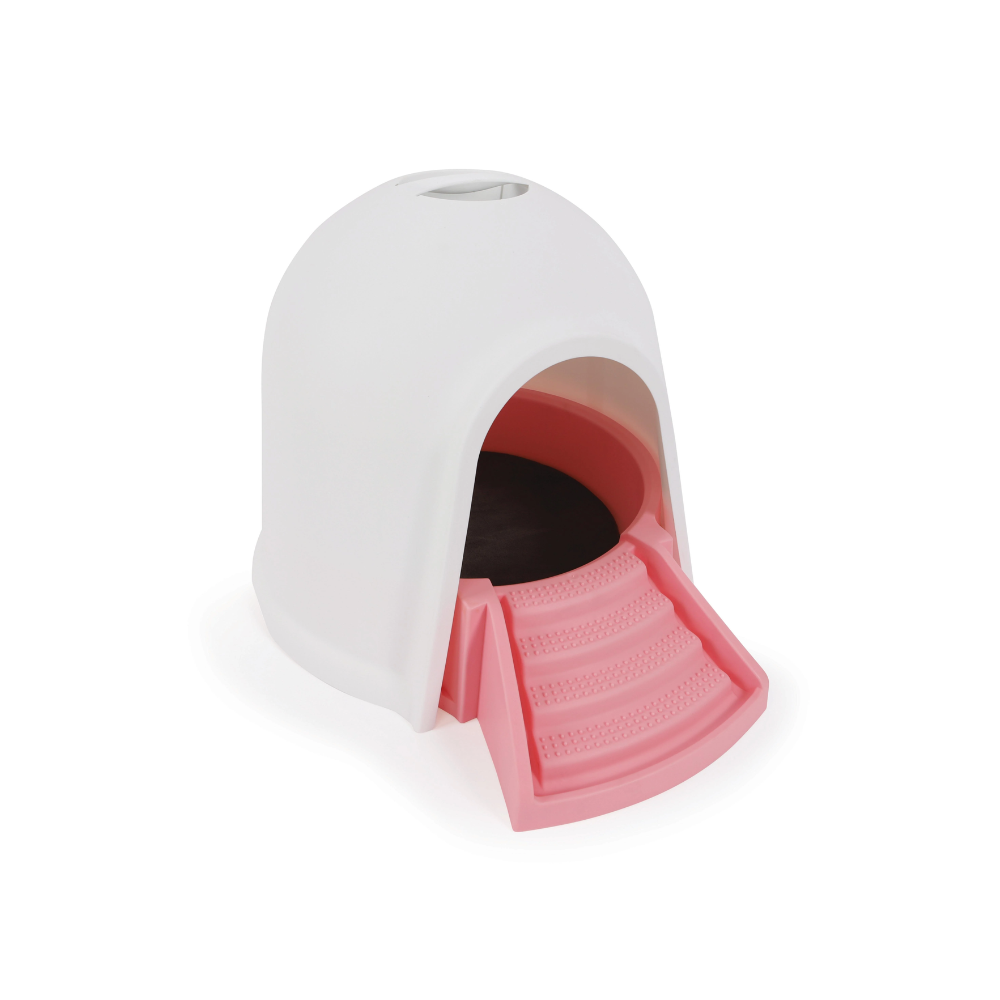 Bac à litière et maison pour chat IGLOO - 2 en 1 - Blanc et rose