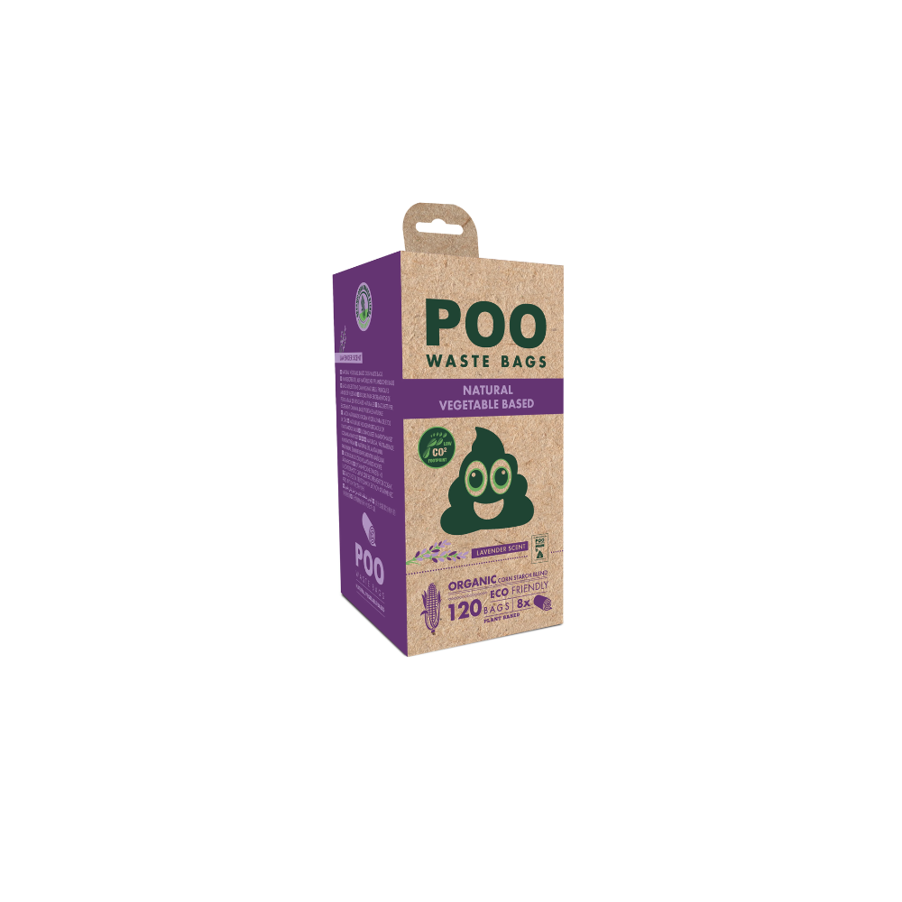 Sacs pour déjections canines POO - À base de légumes - Parfum lavande (120 sacs)