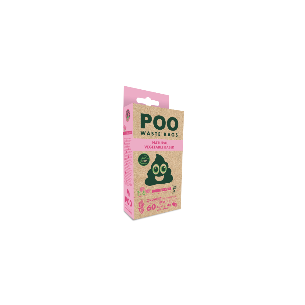 Borse per rifiuti di cane POO - A base vegetale - Profumo di rosa (60 borse)