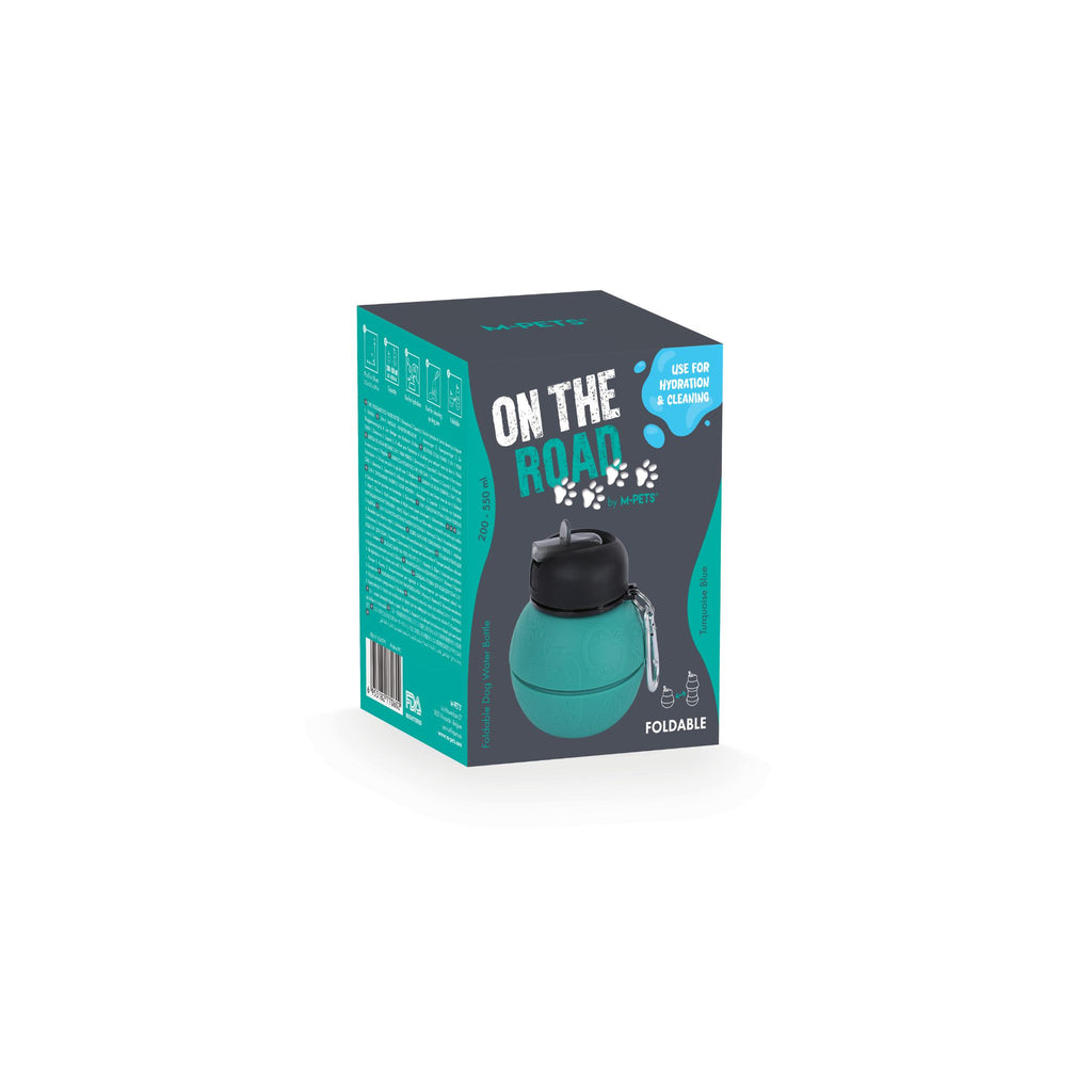 On the road Foldable dog water bottle 200ml-550ml 2 in 1 Turquoise Blue Color