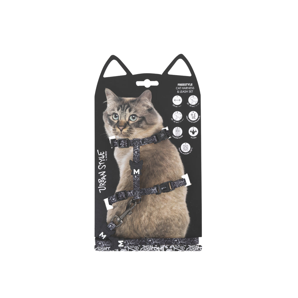 URBAN STYLE FREESTYLE Black & White Cat Harness & Leash set