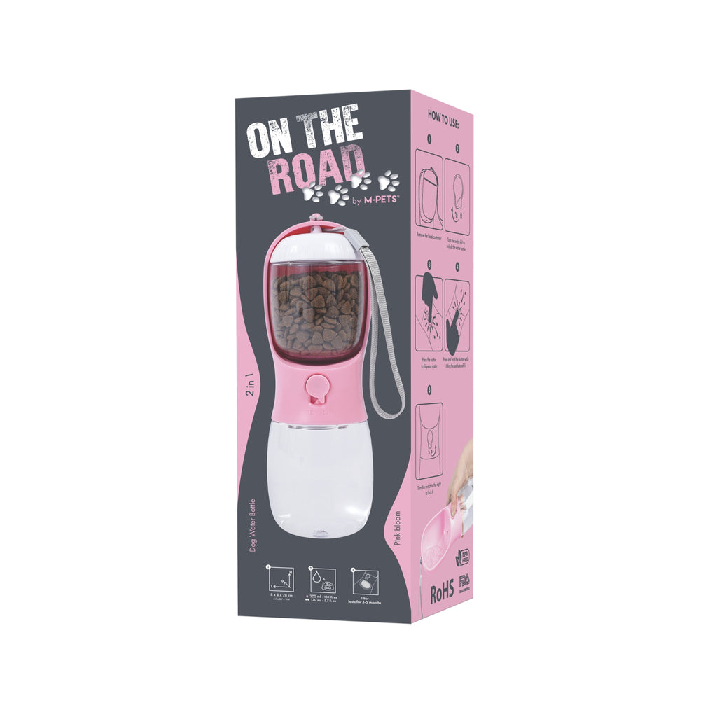 ON THE ROAD Dog water bottle 300 ml - 2 in 1 - Pink bloom