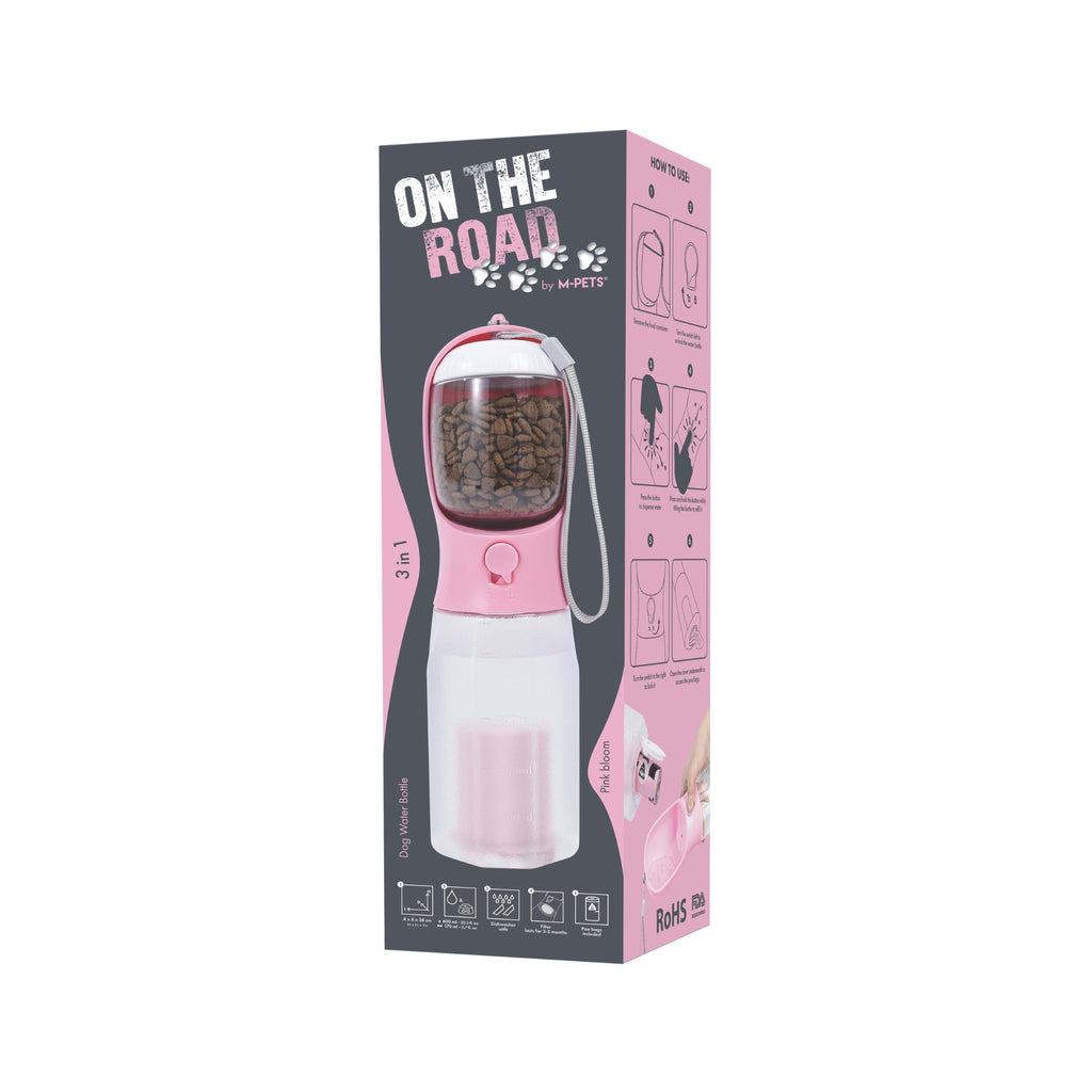 ON THE ROAD Dog water bottle 600 ml - 3 in 1 - Pink bloom