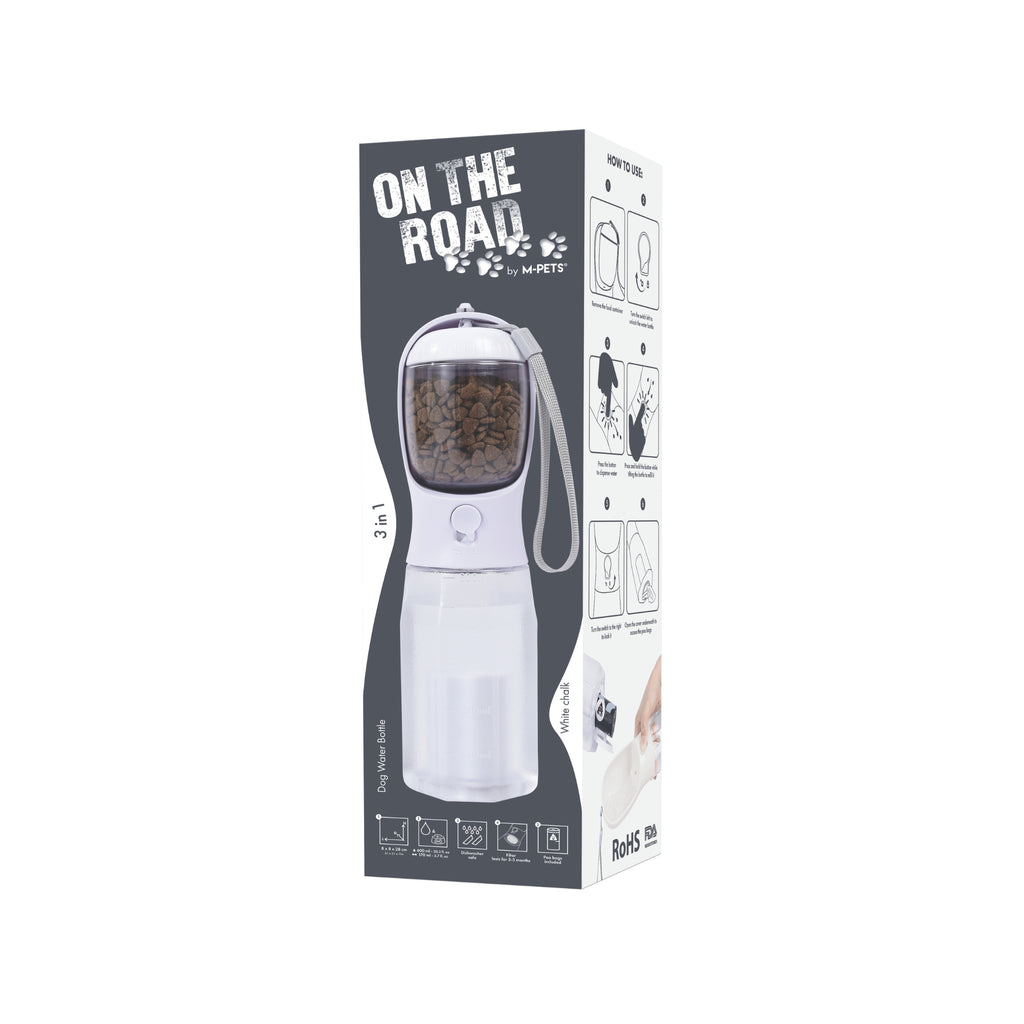 ON THE ROAD Dog water bottle 600 ml - 3 in 1 - White Chalk