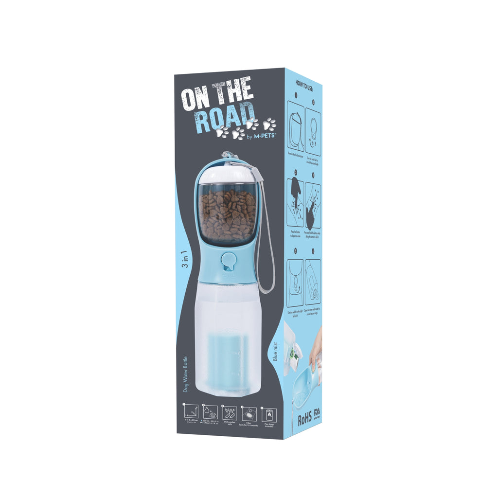 ON THE ROAD Dog water bottle 600 ml - 3 in 1 - Blue mist