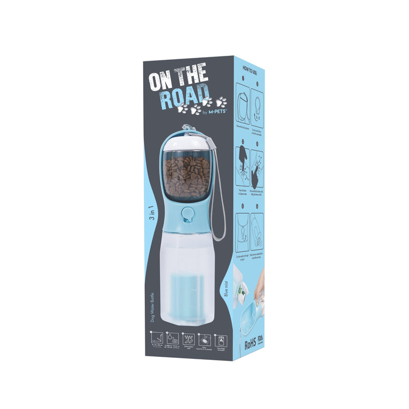 ON THE ROAD Dog water bottle 600 ml - 3 in 1 - Blue mist