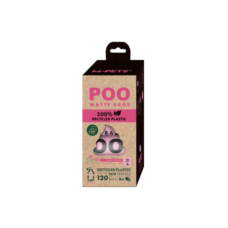 POO 100% Recycled Plastic Dog Waste Bags (120 bags) - Rose Scented 8 rolls